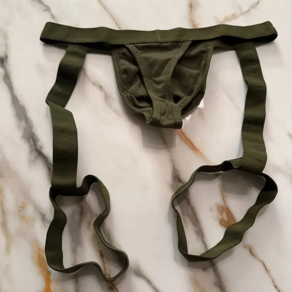 NEW Blanc Menswear Cotton BL094 Lyon Garter Thong Color Khaki Green Size Medium